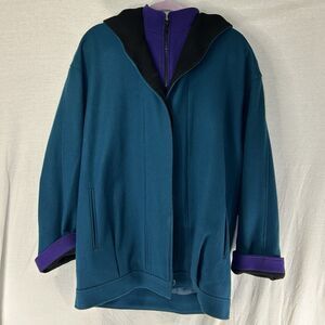 Herman Kay Women's Vtg Blue Purple Hooded Wool Blend Pea Coat Jacket Sz XXL